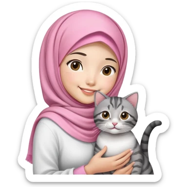 Asian White girl wearing pink hijab and white dress holding a black grey tabby cat while smiling.  sticker