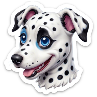Cinematic Comical Harlequin Dalmatian Portrait Emoji, Head tilted dramatically with an exaggeratedly shocked or amused expression, featuring a striking Fur of predominantly white with vivid black patches, wide, expressive blue eyes filled with playful disbelief, Simplified yet hilariously expressive features, highly detailed, glowing with a slightly sassy glow, high shine, dramatic yet playful, stylized with an air of cheeky charm, bright and endearing, soft glowing outline, capturing the essence of a spirited and over-the-top guardian, so meme-worthy it feels like it could side-eye its way into internet fame instantly! sticker