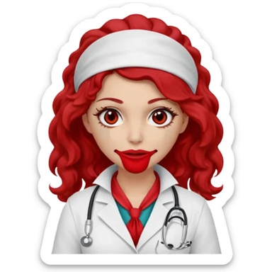 Lilith scalpel in hand, evil surgeon sexy surgeon clothes.  She has red eyes. She brown long curly hair. Wears sexy doctor outfit with red gloves. Hides mouth necknose with red bandana to hide her identity. Hair is long and brown sticker