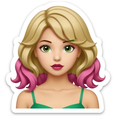 Una chica de cabello marrón con ojos de un verde acaramelado labios rosados cabello suelto con ondas un fleco corto en medio y otros dos a los lados en modo fleco cortina dos mini coletitas a los lados con lazitos  sticker