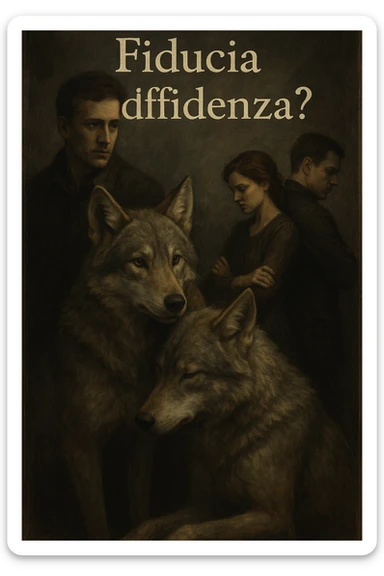 Vertical format: An Italian text 'Fiducia o diffidenza?' with a man watching two wolves protecting each other, while a human couple turns their backs, atmosphere of contrast, emotional and dramatic. sticker