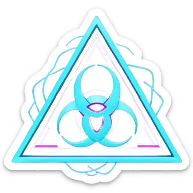 futuristic minimalistic logo icon, glowing triangle formed by three merging neon energy streams representing Storm, Atom, and NoizeGames, neon purple (#8B5CF6) and cyan (#00E0FF), dark background, unity and harmony design, no face, 1:1 aspect ratio sticker