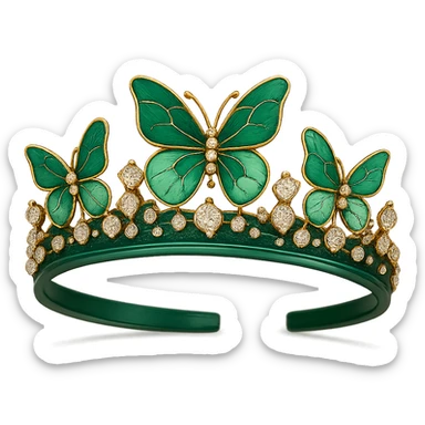 butterfly crown with a forest green base, just two or three emerald and mint green enamel butterflies, sparkling gems sticker
