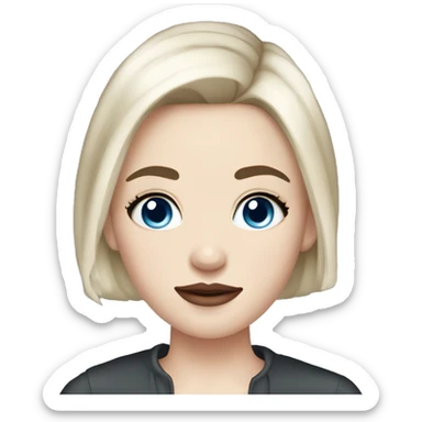 young woman with pale skin, blushed cheeks, big blue eyes, thin lips, short black hair,long lashes,a bit eyeline sticker