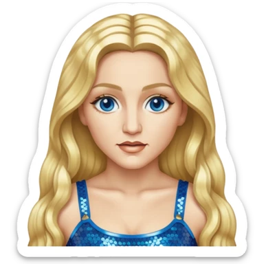 Madonna with blonde long hair, gold sequin crop top, blue eye sticker