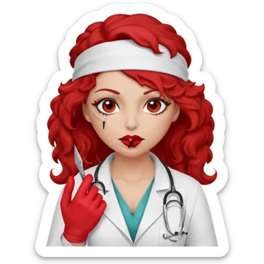 Lilith scalpel in hand, evil surgeon sexy surgeon clothes.  She has red eyes. She brown long curly hair. Wears sexy doctor outfit with red gloves. Hides mouth necknose with red bandana to hide her identity. Hair is long and brown sticker