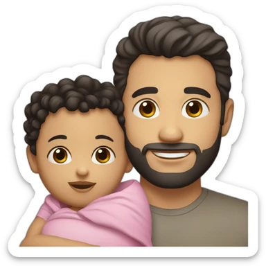 White guy holding a baby girl. The guy has short black hair, brown eyes and a short beard. The baby is a little girl with curly black hair and big brown eyes. sticker
