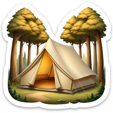 Cinematic Realistic Tent, a sturdy canvas tent nestled among tall trees, warm golden light spilling from inside, gentle folds in the fabric visible, glowing against the cool, dark forest backdrop, evoking a sense of adventure and comfort. sticker
