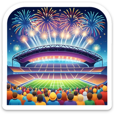 An icon showing a large stadium with bright floodlights, fireworks bursting in the sky, and a lively crowd below. The design captures the excitement and energy of concerts and festivals, with vibrant colors and a festive atmosphere. Set against a transparent background to highlight the celebration. sticker
