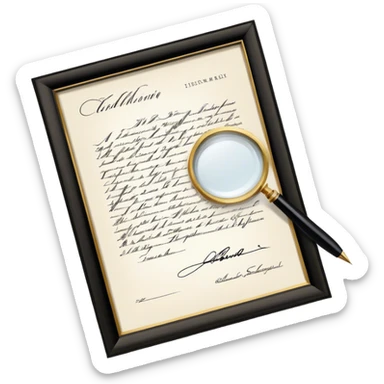 Icon for Autograph Collecting: a signed piece of paper or book page with a famous signature, surrounded by a pen, a magnifying glass, and a collection of framed autographs. Transparent background. sticker