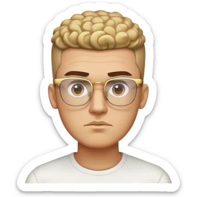 Man with angular square face, thick straight eyebrows, short fade haircut with faded sides and curly top, light stubble, neutral serious expression, wearing large square gold glasses sticker