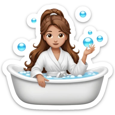 girl with wavy long ponytail brown hair, brown eyes, light to medium complexion, long lashes, lying full body in a white bathtub with bubbles sticker