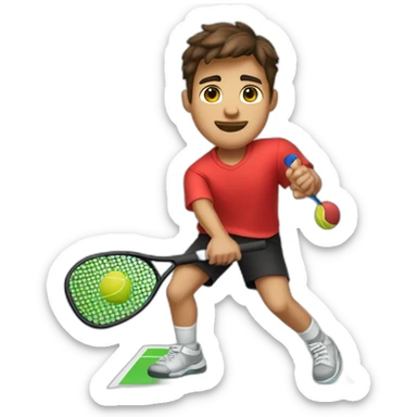Young guy with swooped brown hair playing pickleball full body red shirt black shorts solid black paddle sticker