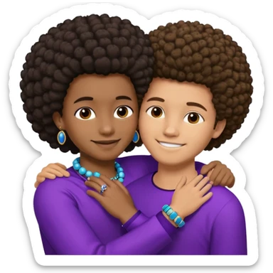 Tan male with short straight, light,brown hair, smiling and hugging a darkblack African girl with Afro in purple clothes with blue jewelry sticker