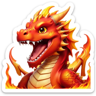 Cinematic Cute Yawning Fierce Fire Dragon Portrait Emoji, Head tilted slightly with a dramatic, wide-open yawn, revealing a fearsome yet endearing scaled visage bathed in searing reds and oranges, with gentle flames licking around its open mouth; rendered with realistic detail and flickering natural light, high shine, relaxed yet fierce, styled with a dash of smoldering charm, soft glowing outline, capturing the essence of a sleepy but spirited inferno ready to unleash a tender blaze of warmth! sticker