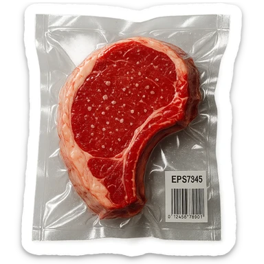 juicy steak sprinkled with tiny crystals, shiny and inflated, vacuum-sealed style sticker