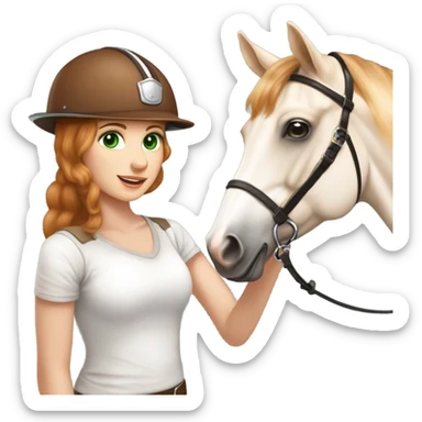 Extremely attractive and feminine white teen girl with green eyes and medium length strawberry blonde hair wearing traditional English riding helmet giving a treat to a brown and white paint horse sticker