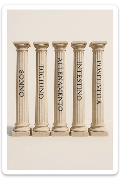 5 pilastri con le scritte "SONNO", "DIGIUNO", "ALLENAMENTO", "INTESTINO", "POSITIVITà" IMMAGINE IPERREALISTICA SFONDO CHIARO IN ITALIANO sticker