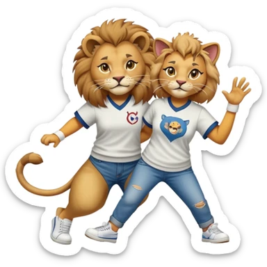 friendly anthropomorphised female lion in a baseball shirt, jeans, and trainers helping a hiphop female cat up after falling sticker