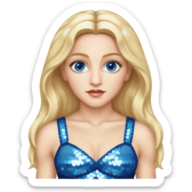 Madonna with blonde long hair, ivory sequin crop top, blue eye sticker