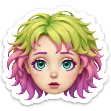 messy, wavy chartreuse hair, with pink specks, bushy eyelashes, and big round eyes, with irises that are teal on the outside and yellow on the inside while making a pouty face more light on the hair pls sticker