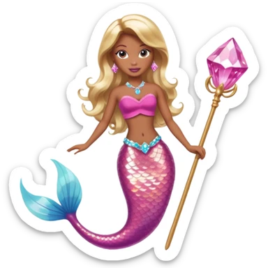 Brown skin blonde hair barbie mermaid with pink diamond tail and wand  sticker