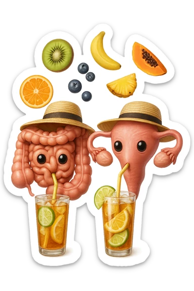 EMOJI STILE IPHONE DI INTESTINO E UTERO UMANI REALISTICI CON CAPPELLO DI PAGLIA DA SPIAGGIA CHE BEVE UN Tè FREDDO IN BICCHIERE DI VETRO CON DENTRO  fette di cetriolo, limone, lime, DIETRO L'INTESTINO FLUTTUANO PEZZETTI DI Kiwi
Banana acerba
Arance e mandarini
Mirtilli
Ananas
Papaya
IPERREALISTICO 4K sticker