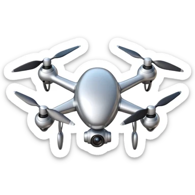 A futuristic drone emoji made of polished silver chrome, smooth rounded body, minimal propellers, reflective metallic surface, soft studio lighting, iOS emoji style, centered, clean white background sticker