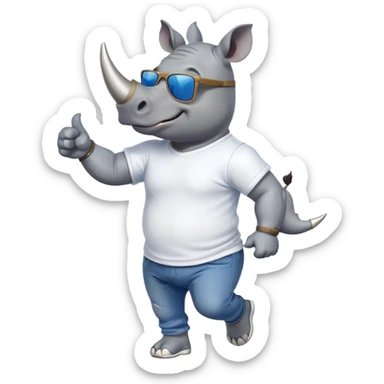 friendly anthropomorphised rhino in jeans and t-shirt, wearing dark sunglasses, jogging upright, standard pose sticker