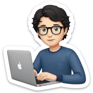 guy with wavy black hair and skin tone a little bit white and glasses, with a macbook sticker