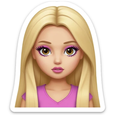 pretty bratz baddie, long blonde straight hair, pretty makeup, fake lashes, baddie clothes sticker