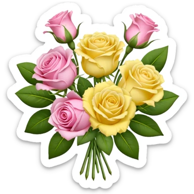 A mixed bouquet of four flowers, featuring pink roses and yellow lisianthus. sticker