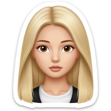 victoria’s secret model with long light blonde straight balayage hair, small dark brown almond eyes, oval face, small lips sticker