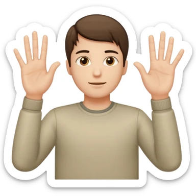 A guy with his palms facing up one hand higher one lower with 6 one left hand 7 on the right hand sticker