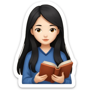 Beautiful Asian girl with long black hair reading book cozy aesthetic sticker