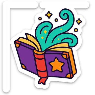 animated icon of a grimoire opening with swirling magical aura, lively and playful sticker