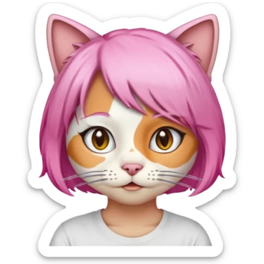 calico cat wear pink hair wig, white T-shirt sticker
