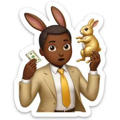Create an emoji of a desperate entrepreneur sweating and chasing a golden rabbit holding a dollar bill. The rabbit is always slightly ahead, impossible to catch. The character looks frustrated, exhausted, and stuck in an endless race sticker