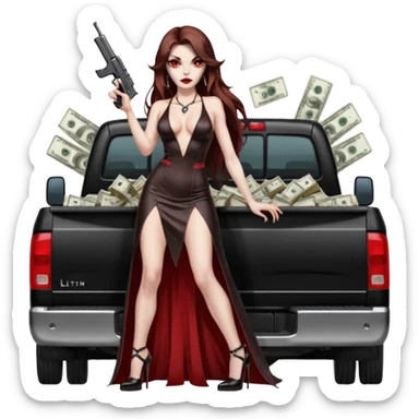 Lilith symbol red eye seductress evil long brown haired sexy succubus woman with leather long dress with slit, sitting in Big Large F350 pickup truck. Black Platform high heels on feet. Back of truck full of stacks of cash, sitting behind her is  a human skull with a gun in other hand sticker