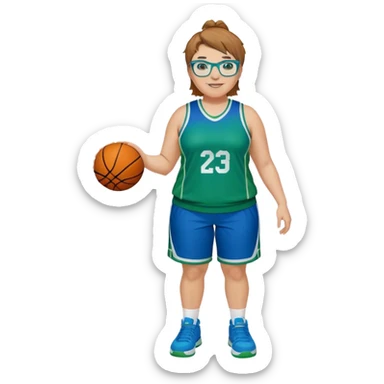 Full Body plus size white female basketball player with short light brown hair with carmel highlights spike hair wearing blue glasses  wearing blue green uniform  green sneakers smiling  sticker