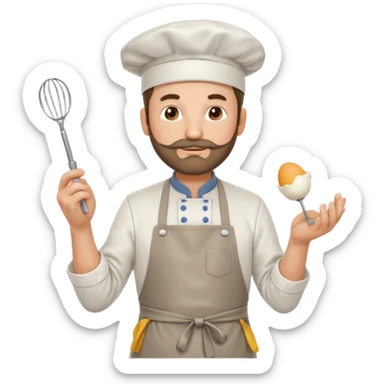 Middle aged male pastry chef - with a small beard, apron, white hat, holding an egg beater in his right hand, and his left hand naturally hanging down to his side sticker