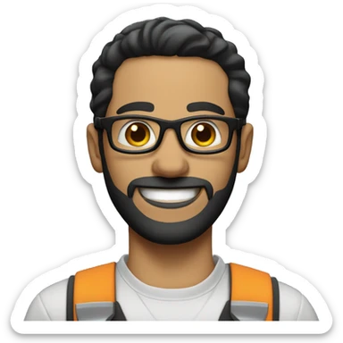 white man smiling, black hair, black beard, round glasses, brown eyes, dressed as a car mechanic sticker