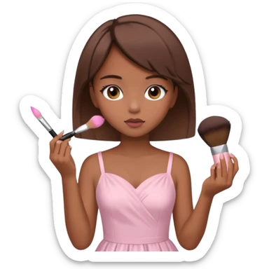 girl with brown hime cut hair, wearing light pink dress, doing makeup sticker