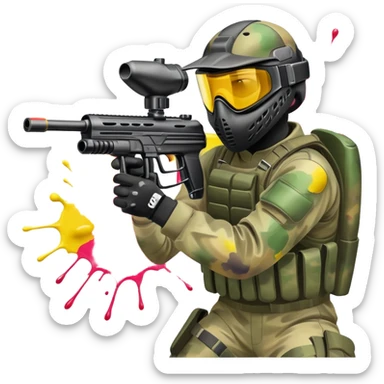 A paintball player in full gear, aiming a paintball gun with focus and determination. The scene includes vibrant splashes of paint and a dynamic battlefield setting, emphasizing action, strategy, and teamwork in a competitive environment sticker