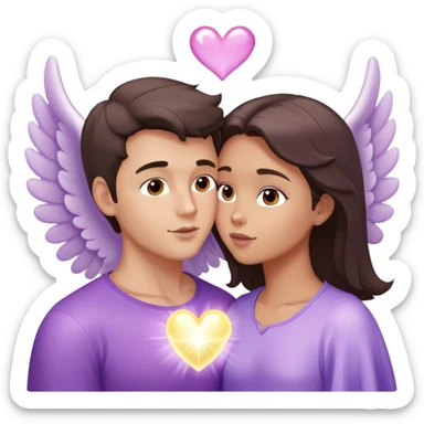 White brunette man human with rays of light Heart kisses a pastel purple angel woman sticker