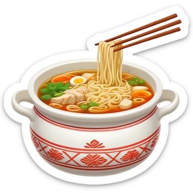 Yunnan Crossing the Bridge Noodles with raw ingredients and hot broth in special pot, simplified emoji style with bold outlines and bright colors, cartoon style unique serving method sticker