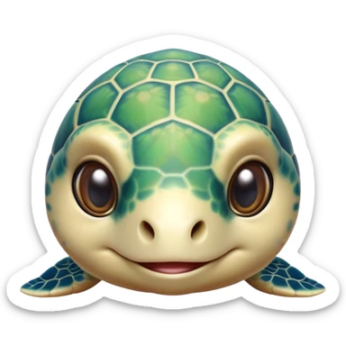 Cinematic Cute Sea Turtle Portrait Emoji, Head tilted playfully and inquisitively, featuring a charming, compact form with a beautifully patterned, domed shell and gentle, sparkling eyes full of oceanic wonder, Simplified yet irresistibly adorable features, highly detailed, glowing with a warm, friendly sea glow, high shine, affectionate and lively, stylized with a touch of whimsical marine charm, soft glowing outline, capturing the essence of a mischievous yet loving sea turtle that seems as if it could swim out of the screen into your arms! sticker