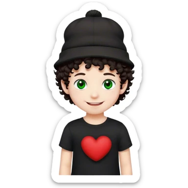 A boy with white skintone, dark brown little curly hair, a black and red plushie looking hat, with a smile and all, it’s very furry. And the boy had green eyes, and a black shirt on. sticker
