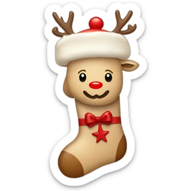 A beige Christmas stocking with red snowflakes and a reindeer drawn on it. The reindeer has a red nose. sticker
