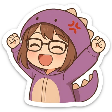 Chibi anime style gamer girl with glasses, brown hair, dark purple eyes, wearing a purple dinosaur costume, new pose with arms up in excitement, making a blushing expression, no controller, no background, same style as reference. sticker